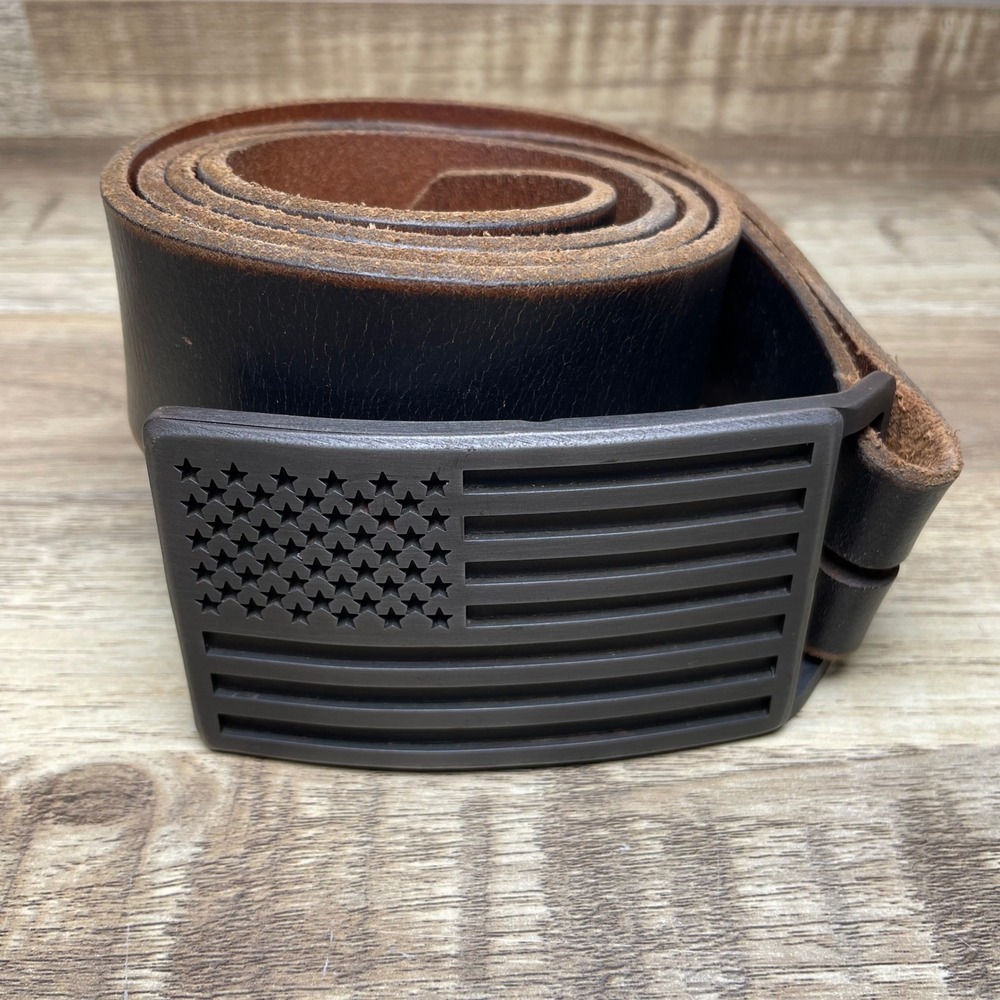 Foster Weld Mens Brown Leather American Flag Buckle Belt Handmade USA XL 35-37